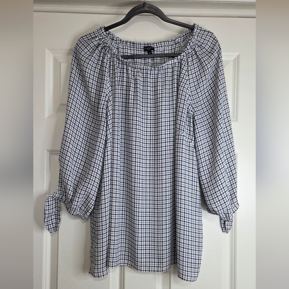 Talbots Navy & White Plaid Off-the-Shoulder Blouse - Size 0X